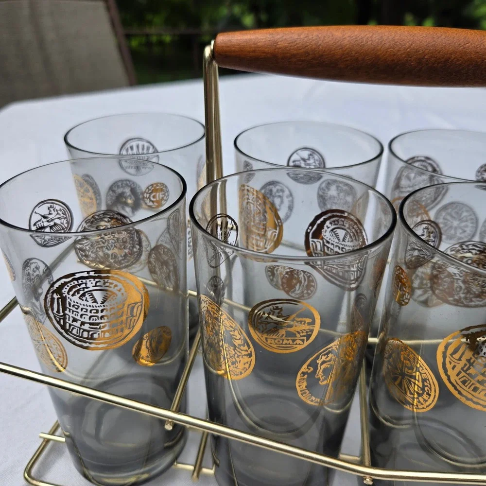 Vtg Highball Glasses Set 8 clear + Smoky Grey Gold Roman Coin MCM Barware Caddy